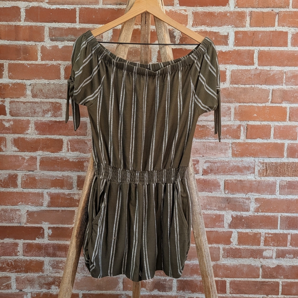 Derek Heart Olive and White Striped Romper